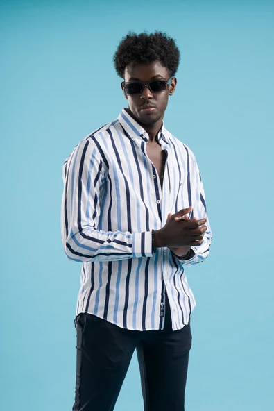 Dorss Çizgili Yaka Düğmeli Slimfit Pamuklu Gömlek - Resim 4