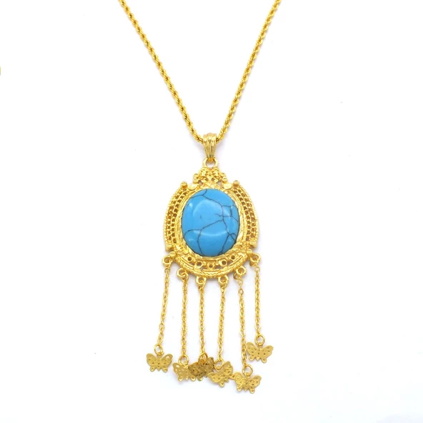 Altın Kaplama Firuze Taşlı Akıtma Kelebek Detaylı 60 CM Kolye KLY-497 ürün görseli