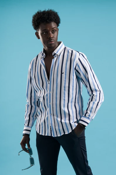 Dorss Çizgili Yaka Düğmeli Slimfit Pamuklu Gömlek - Resim 3