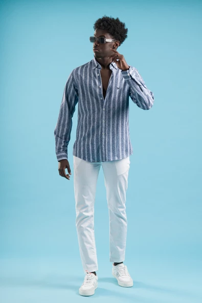 Dorss Kalın Çizgili Yaka Düğmeli Pamuklu ve Likralı Yazlık Gömlek ürün görseli