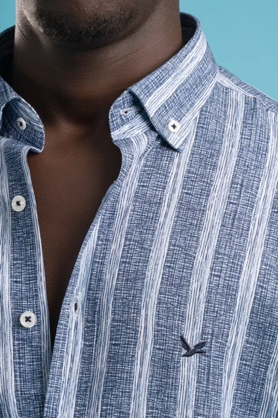 Dorss Kalın Çizgili Yaka Düğmeli Pamuklu ve Likralı Yazlık Gömlek - Resim 5