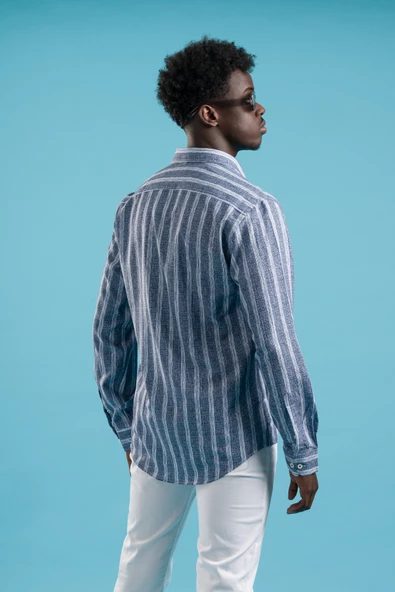 Dorss Kalın Çizgili Yaka Düğmeli Pamuklu ve Likralı Yazlık Gömlek - Resim 4
