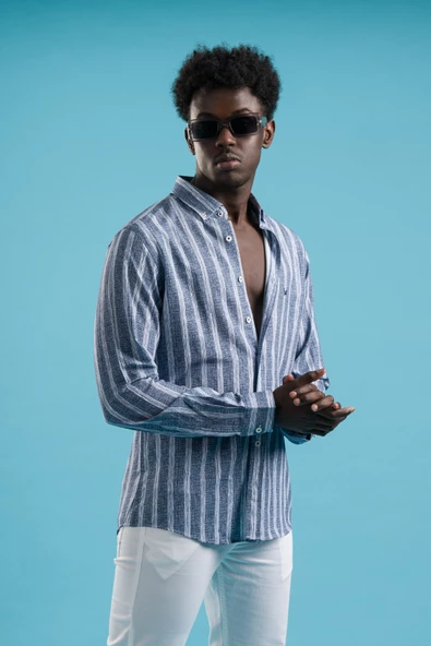 Dorss Kalın Çizgili Yaka Düğmeli Pamuklu ve Likralı Yazlık Gömlek - Resim 2