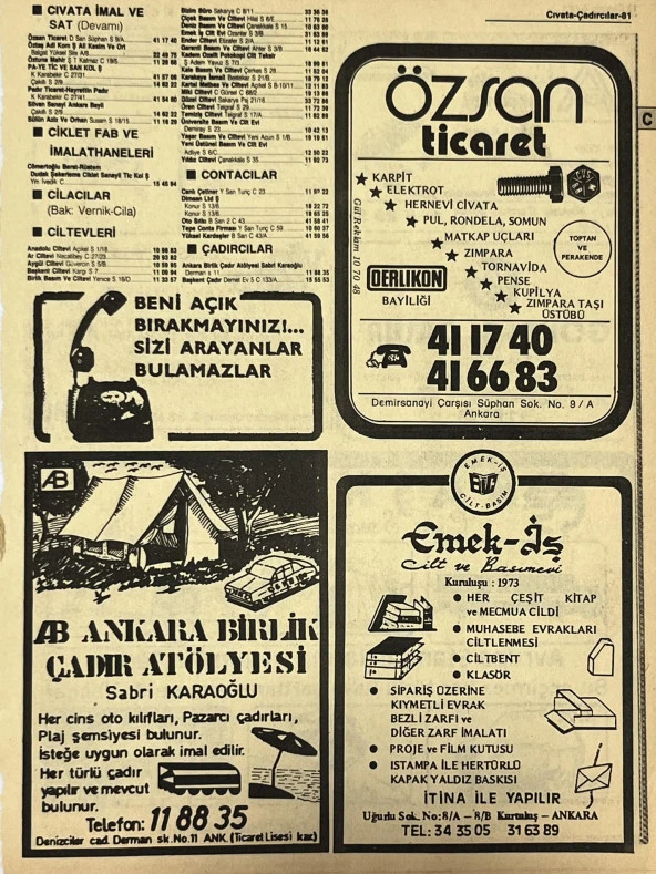 Ankara 1986 Meslek Reklam İlanı Efemera S81 ürün görseli