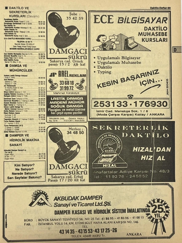 Ankara 1986 Meslek Reklam İlanı Efemera S99 ürün görseli 1