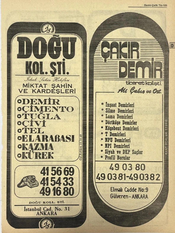 Ankara 1986 Meslek Reklam İlanı Efemera S105 ürün görseli 1