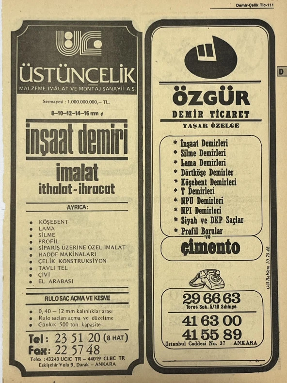 Ankara 1986 Meslek Reklam İlanı Efemera S111 ürün görseli 1