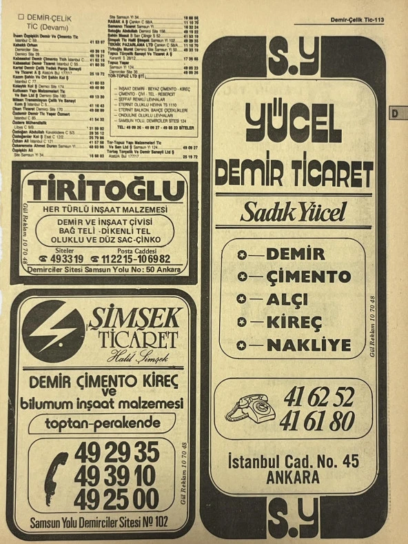Ankara 1986 Meslek Reklam İlanı Efemera S113 ürün görseli