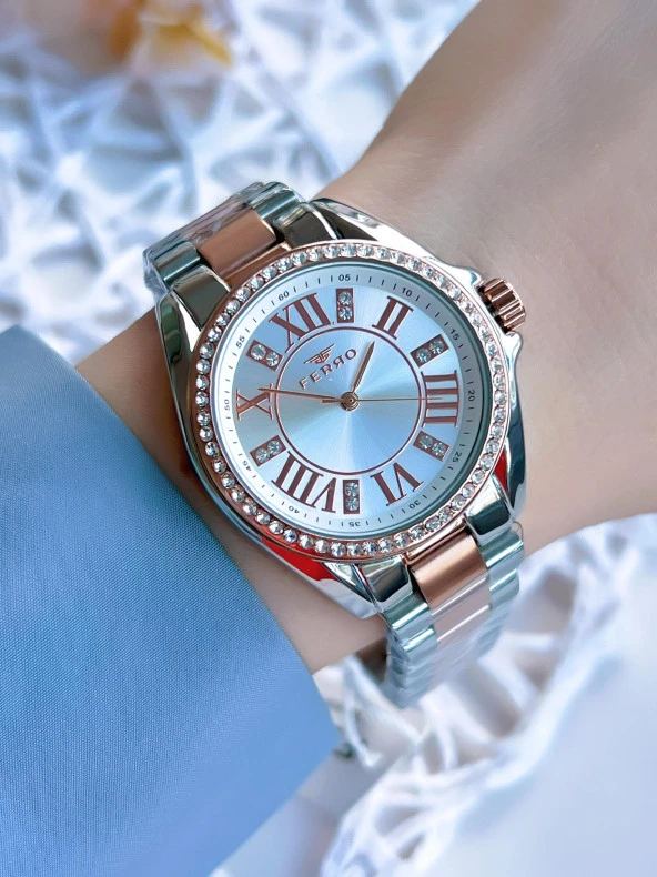 Ferro Çelik Kordonlu Gümüş/Rose Kararmaz Renk Atmaz 3 Atm  Özel Tasarım Kadın Kol Saati BF51336-E ürün görseli