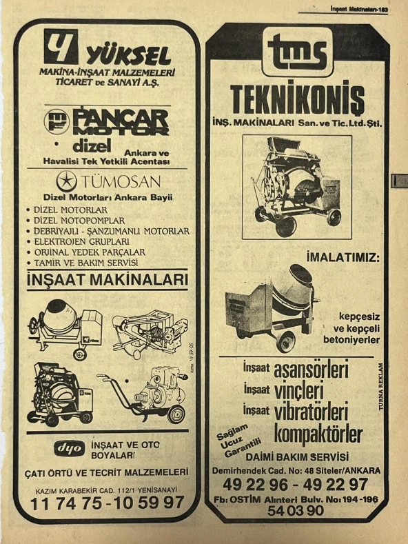 Ankara 1986 Meslek Reklam İlanı Efemera S183 ürün görseli 1