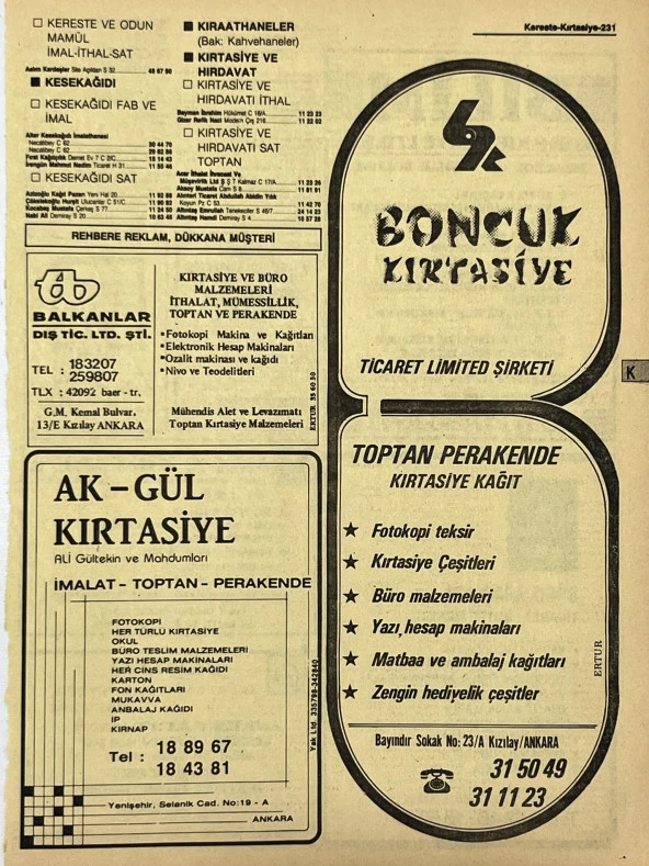 Ankara 1986 Meslek Reklam İlanı Efemera S231