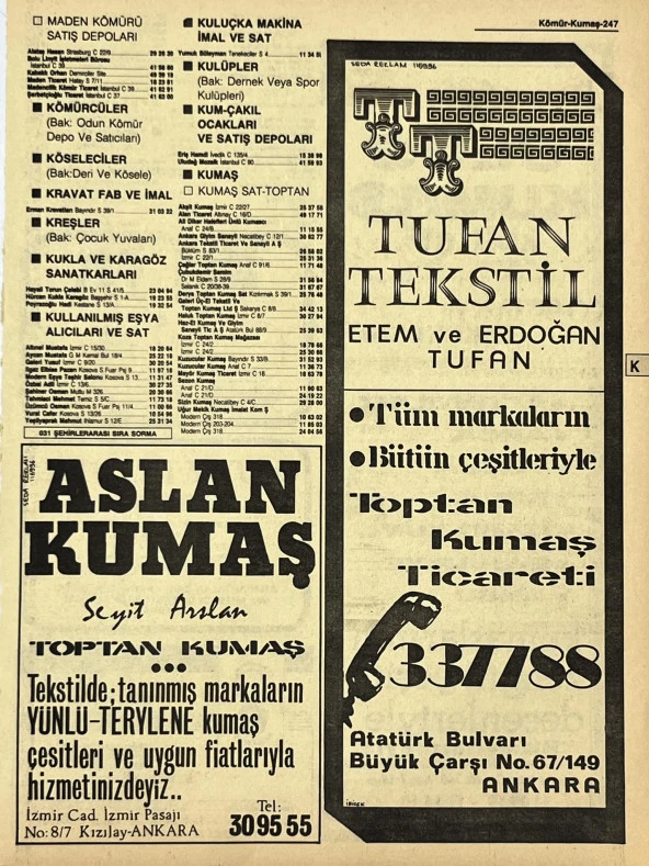 Ankara 1986 Meslek Reklam İlanı Efemera S247