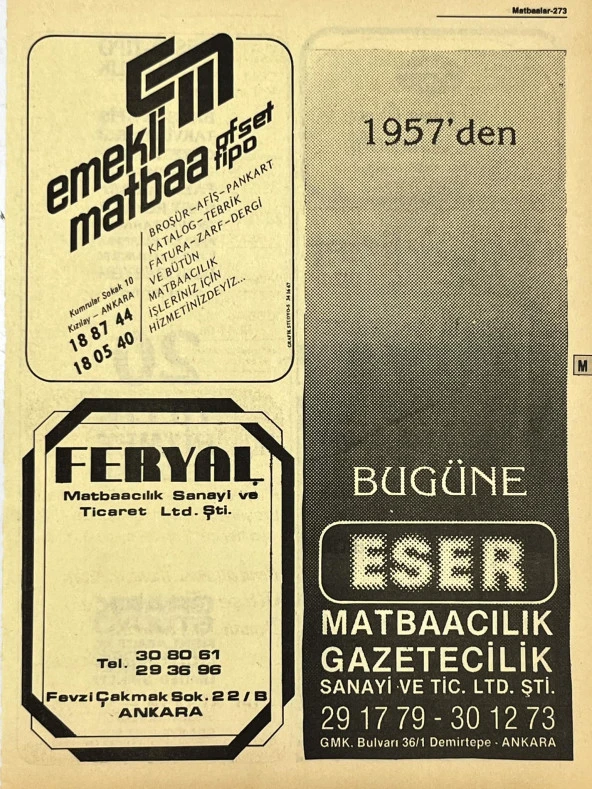 Ankara 1986 Meslek Reklam İlanı Efemera S273