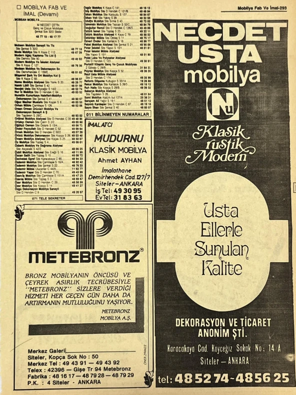 Ankara 1986 Meslek Reklam İlanı Efemera S293 ürün görseli 1