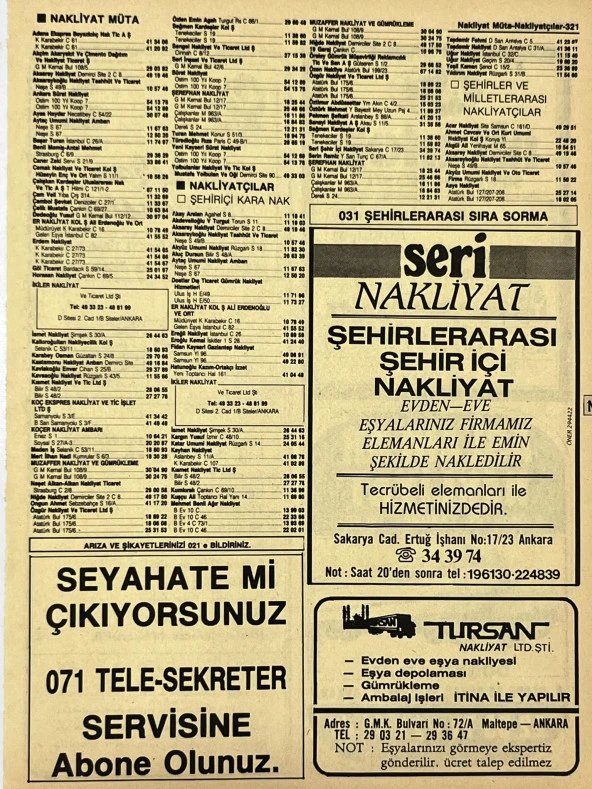 Ankara 1986 Meslek Reklam İlanı Efemera S321 ürün görseli 1