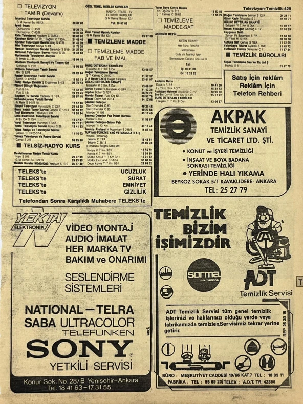 Ankara 1986 Meslek Reklam İlanı Efemera S429 ürün görseli