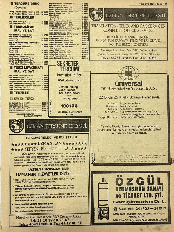 Ankara 1986 Meslek Reklam İlanı Efemera S431 ürün görseli 1