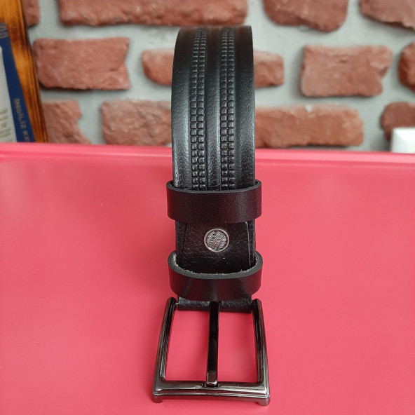 Erkek Kemer 3,5 Cm. Baskı Desenli Siyah Hakiki Deri (Vejetal Dana Derisi) Gvn-0054 - 2
