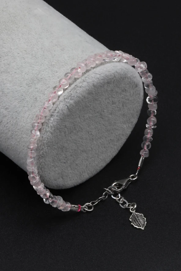 Pembe Kuvars Doğal Taş 925 Ayar Gümüş Bileklik