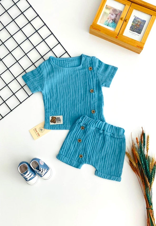 Naffa Baby Müslin Kumaş Önden Düğmeli Desen Yazlık Takım Mavi ürün görseli