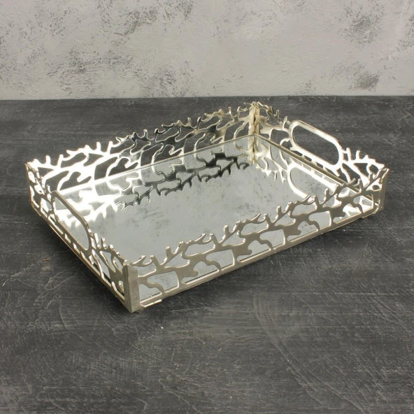 Aynalı Tepsi Lazer Kesim Dekoratif Sunumluk Tepsi Gümüş Renk 40x30 CM Çınar