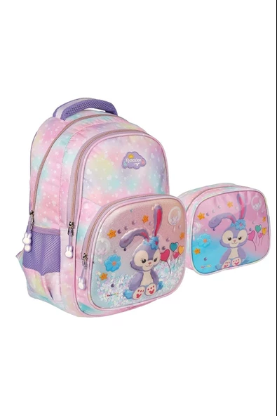 Kız Çocuk Kabartmalı Figürlü ve Pullu 3'lü Takım İlkokul Sırt Çantası Beslenme ve Kalemlikli SYG1370-Tavşan - Resim 2
