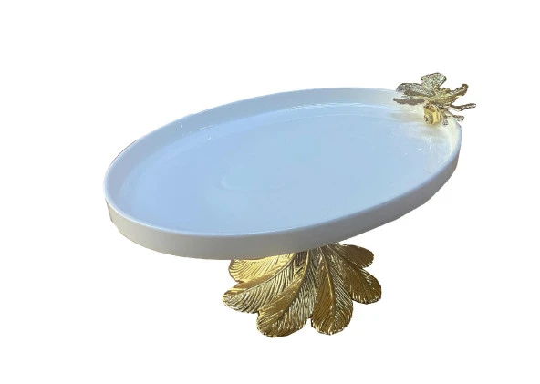 Sunumluk Oval Porselen Servis Tabağı Gold Ayaklı Kelebekli