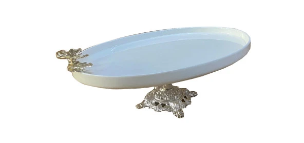 Sunumluk Oval Porselen Servis Tabağı Gümüş Ayaklı Kelebekli
