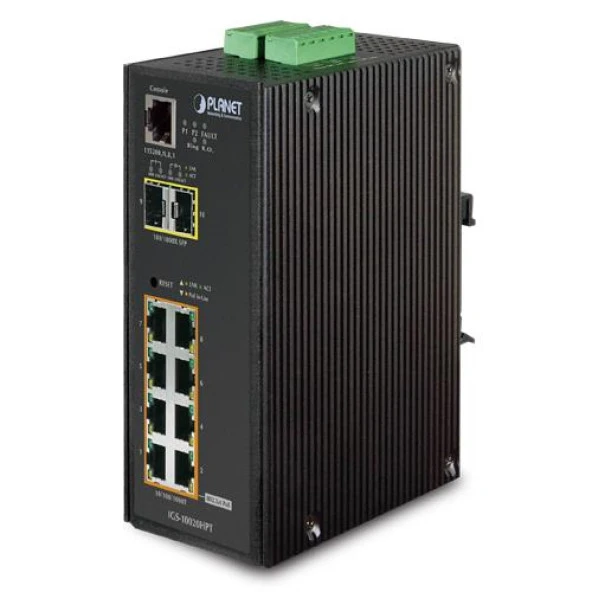 Endüstriyel Tip Yönetilebilir Ethernet Switch (Industrial Managed Ethernet Switch)
8-Port 10/100/1000Base-TX 802.3at/af PoE+ Injector (Port başına 30.8 watt) (PoE Güç Bütçesi maks. 270 watt)
2-Port 1000Base-SX/LX/BX  SFP/mini-GBIC