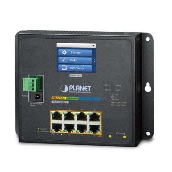 Endüstriyel Duvar Tip Yönetilebilir Switch (Industrial Wall-Mount Managed Switch)
8-Port 10/100/1000T IEEE 802.3at/af PoE+ Injector Port (Port başına 30.8 watt) (PoE Güç Bütçesi maks. 240 Watt)
2-Port 1000Base-SX/LX/BX SFP/mini-GB