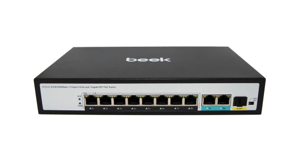 Beek Yönetilemeyen PoE+ Switch
8 x 10/100/1000BASE-T IEEE802.3af/at PoE+ port (Port başına 30.8 watt) (PoE Güç Bütçesi maks. 120 Watt)
2 x 10/100/1000BASE-T port (combo)
1 x 1000 Base-X SFP yuva (combo)
6KV ESD