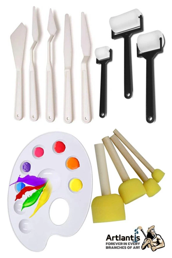 Palet Rulo Fırça Ponpon Fırça ve Plastik Spatula 4'lü Set 1 Paket Resim Hobi Sanat Etkinlik Resim Paleti