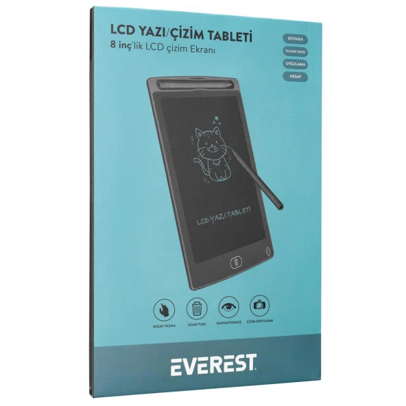 Everest EV-DY100 8,5" Siyah Tek Tuşla Sil Dijital Yazı Tahtası Yazı Alanı 125x175mm