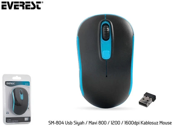 Everest SM-804 Usb Siyah/Mavi 800/1200/1600dpi Kablosuz Mouse