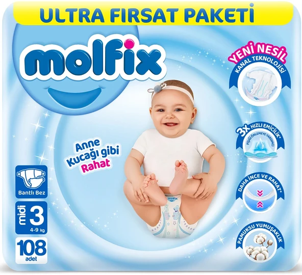 Molfix Bebek Bezi Beden:3 (4-9Kg) Midi 324 Adet Aylık Ultra Fırsat Pk - Resim 2
