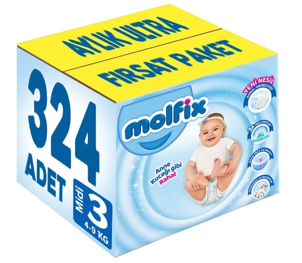 Molfix Bebek Bezi Beden:3 (4-9Kg) Midi 324 Adet Aylık Ultra Fırsat Pk ürün görseli