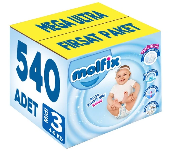 Molfix Bebek Bezi Beden:3 (4-9Kg) Midi 540 Adet Mega Ultra Fırsat Pk