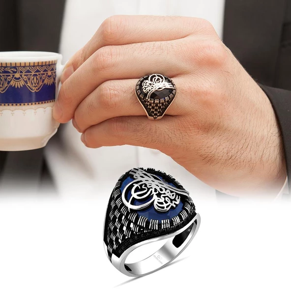 Tuğra Desenli Parlament Mavisi Taşlı Gümüş Erkek Yüzük - 2