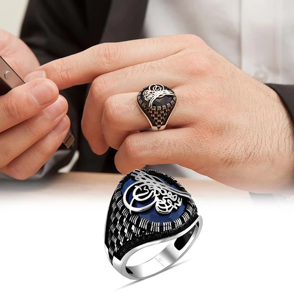 Tuğra Desenli Parlament Mavisi Taşlı Gümüş Erkek Yüzük - 3