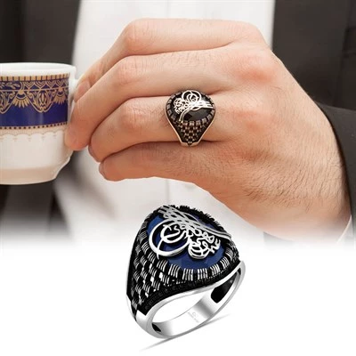 Tuğra Desenli Parlament Mavisi Taşlı Gümüş Erkek Yüzük - 10