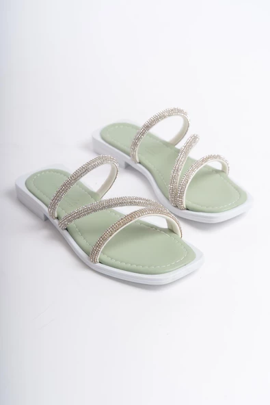 MİA026-1602 Günlük Kadın Taşlı Yeşil Tatil Terliği - Resim 3