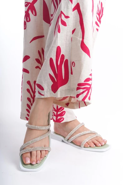 MİA026-1602 Günlük Kadın Taşlı Yeşil Tatil Terliği - Resim 6