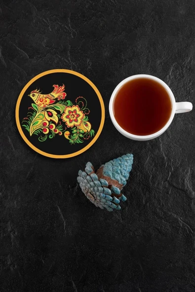 Valerine Life Sarı Siyah Kuş Desenli Yıkanabilir Kaydırmaz Ofis Çay ve Fincan Bardak Altlığı 10x10cm 6 Adet ürün görseli