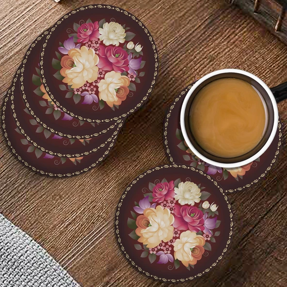 Valerine Life Sarı Pembe Gül Desenli Yıkanabilir Kaydırmaz Ofis Çay ve Fincan Bardak Altlığı 10x10cm 6 Adet - Resim 3