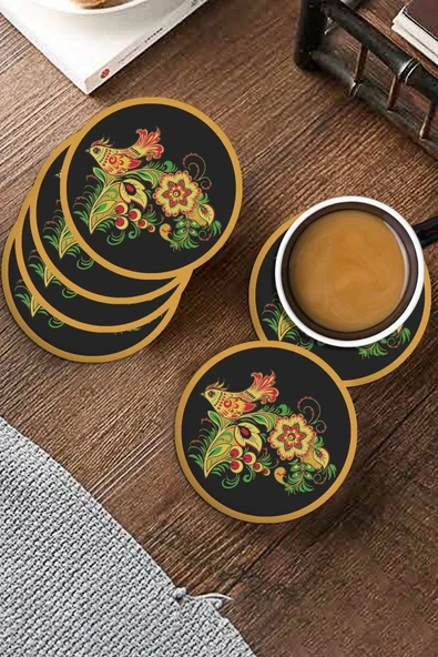 Valerine Life Sarı Siyah Kuş Desenli Yıkanabilir Kaydırmaz Ofis Çay ve Fincan Bardak Altlığı 10x10cm 6 Adet - Resim 3