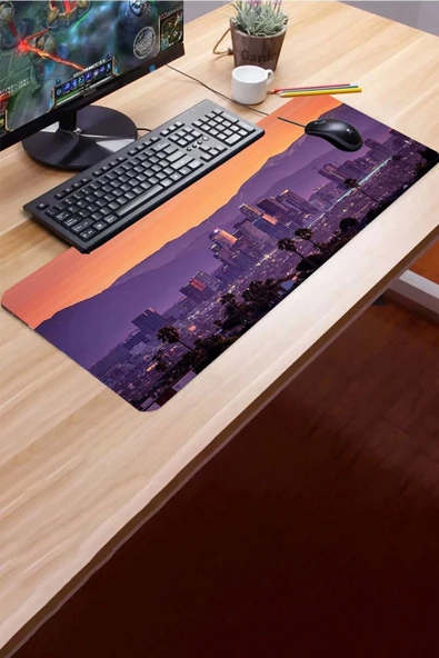 SonicTouch Metropol Gün Batımı Temalı Kaymaz Gaming Oyuncu Masaüstü Dikişsiz Klavye Mouse Pad 32x70Cm - 3