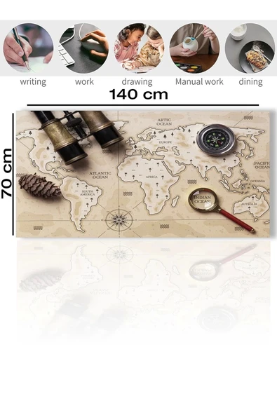 SonicTouch Kaşif Orta Çağ Dünya Haritası Kaymaz Deri Dikişsiz Silinebilir Yıkanabilir Masa Matı Pad 70x140cm ürün görseli
