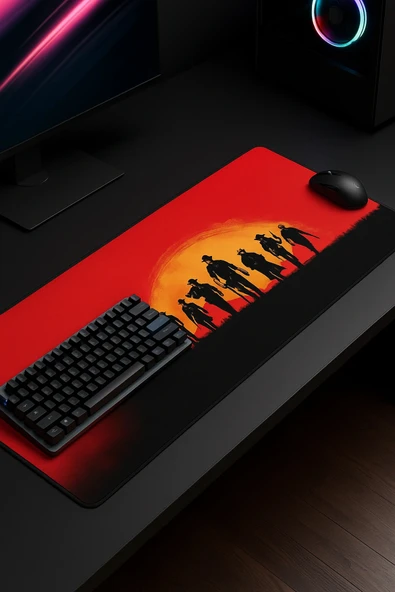 SonicTouch Red Dead Redemption Kaymaz Gaming Oyuncu Masaüstü Dikişsiz Kırmızı Klavye Mouse Pad 32x70Cm - Resim 2