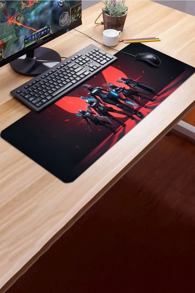 SonicTouch V-Team Kaymaz Gaming Oyuncu Masaüstü Dikişsiz Kırmızı Siyah Klavye Mouse Pad 32x70Cm - 3