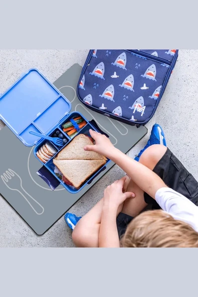 MAtGo School Çatal Kaşık Desenli Gri Sıvı Geçirmez Beslenme Matı Kaymaz Yıkanabilir Okul Yemek Pad 35x45cm - Resim 2